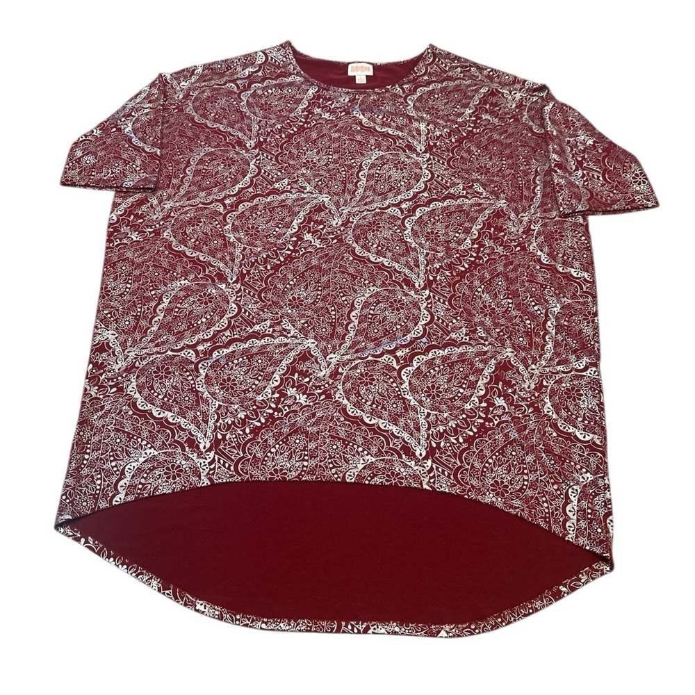 Lularoe Short Sleeve Top Size Large Burgundy Silver Paisley Print Metallic Sheen